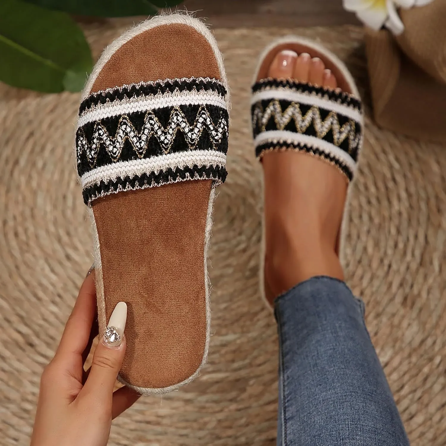 ZSpzx Women's Comfortable Espadrilles Slide Sandals Summer Orthopedic Arch Support Platform Knited Strap Sandal Ladies Low Heel Slip On Cushioned Footbed Shoes for Outdoor Indoor Daily Wear