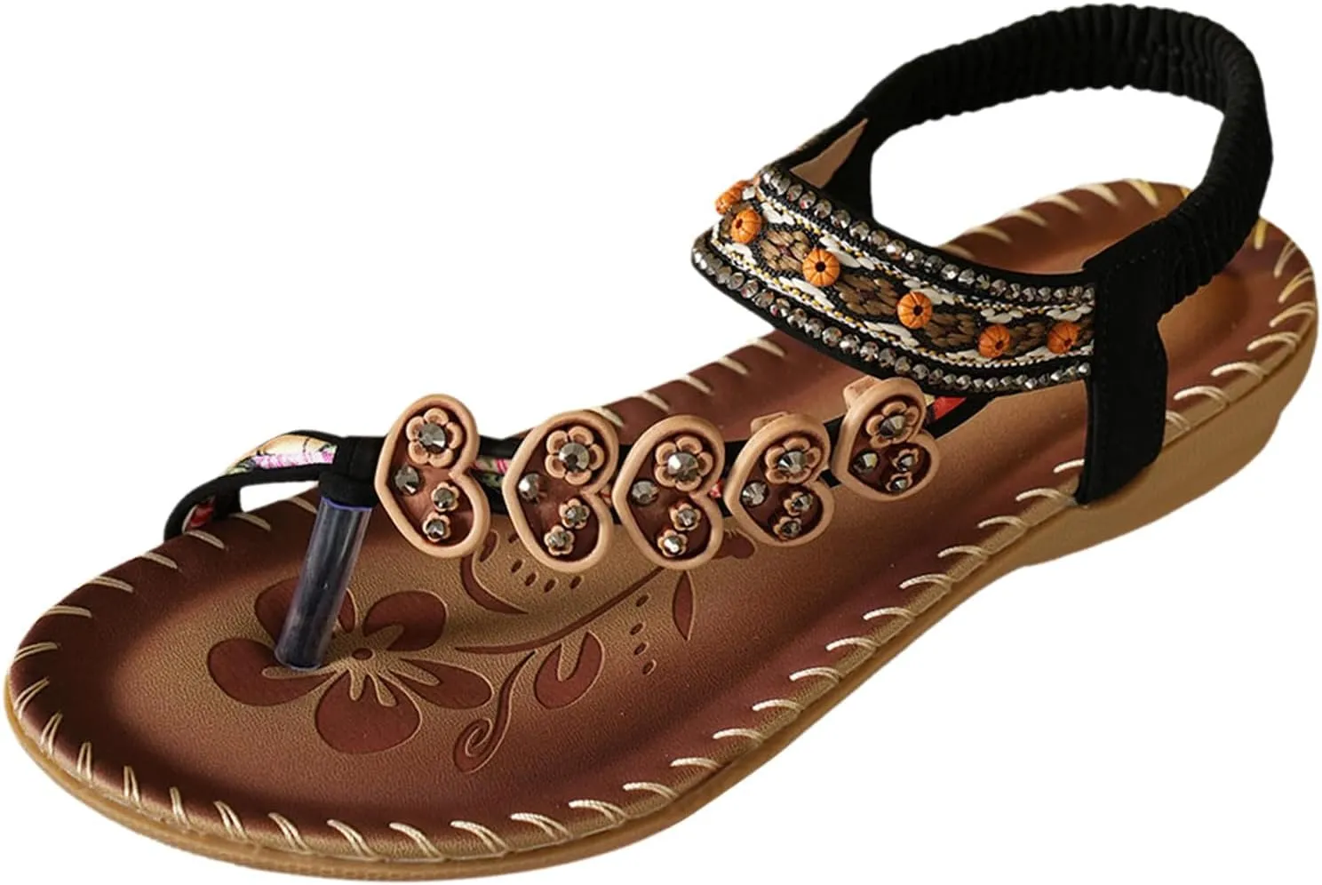 ZSpzx Women's Summer Sandals Sparkly Bling Lace Flower Sandals Casual Comfortable Bohemia Flat Sandals Open Toe Ankle Crystal Shoes Ankle Strap Beach Shoes