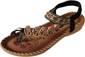 ZSpzx Women's Summer Sandals Sparkly Bling Lace Flower Sandals Casual Comfortable Bohemia Flat Sandals Open Toe Ankle Crystal Shoes Ankle Strap Beach Shoes