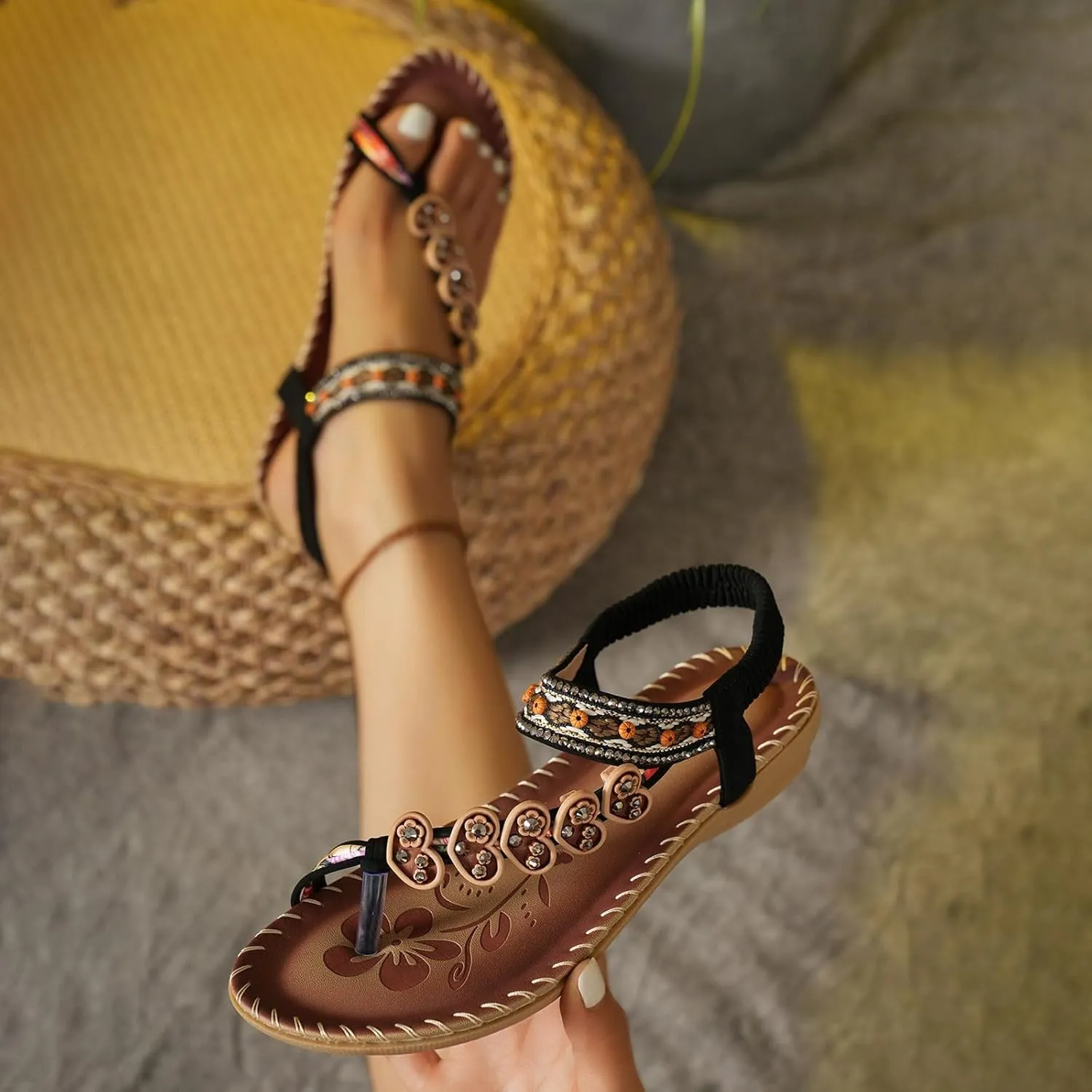 ZSpzx Women's Summer Sandals Sparkly Bling Lace Flower Sandals Casual Comfortable Bohemia Flat Sandals Open Toe Ankle Crystal Shoes Ankle Strap Beach Shoes