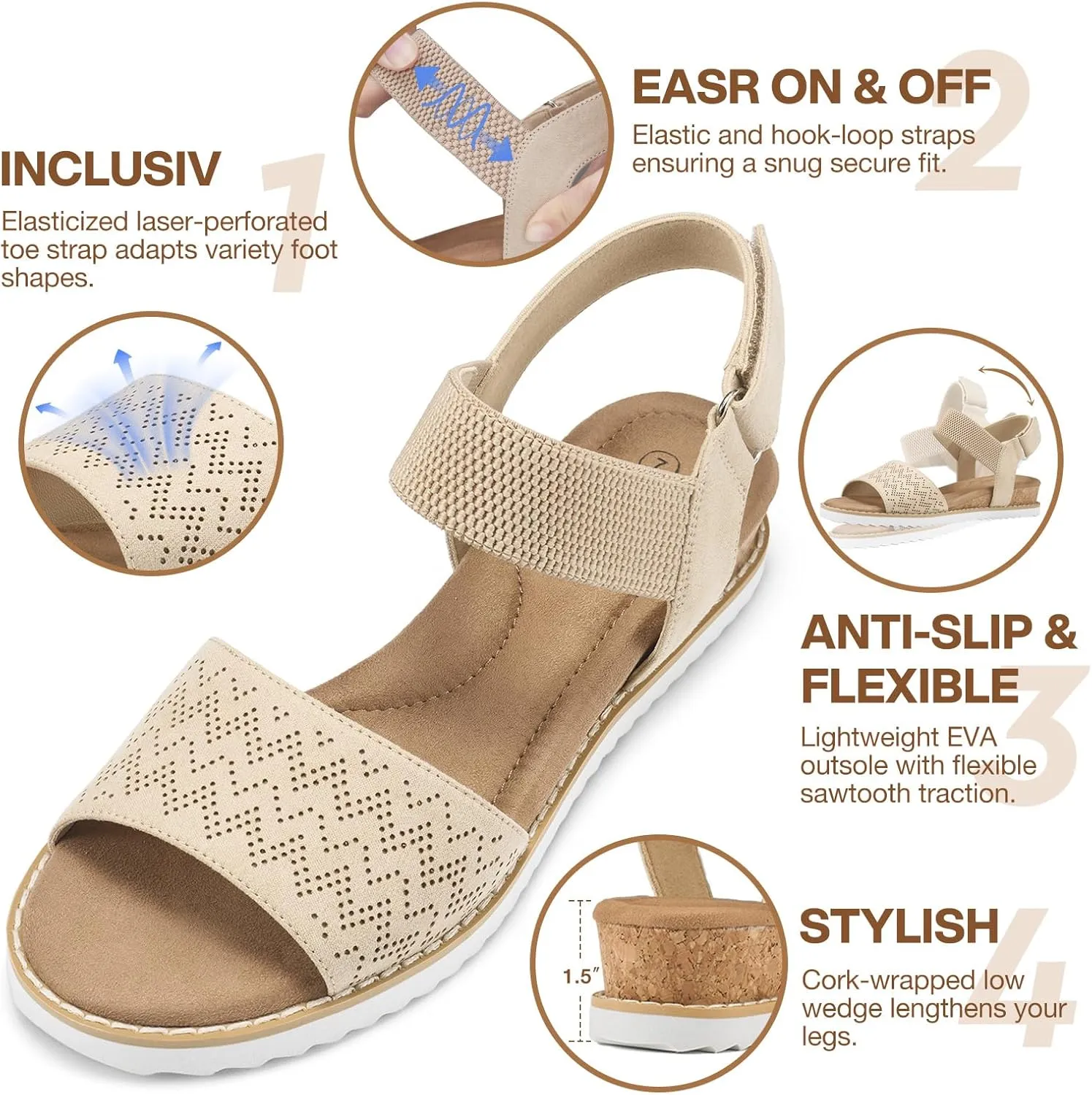 ZURIN Womens Comfortable Walking Sandals Open Toe Elastic Ankle Strap Short Flat Wedge Sandals for Women Dressy Summer