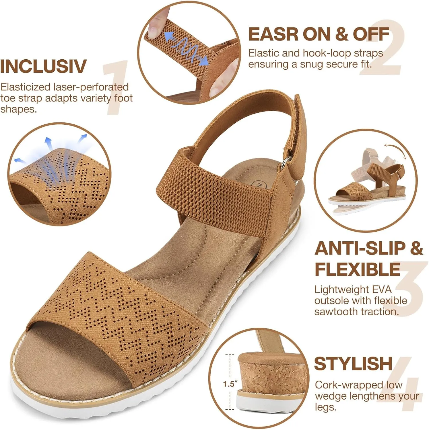 ZURIN Womens Comfortable Walking Sandals Open Toe Elastic Ankle Strap Short Flat Wedge Sandals for Women Dressy Summer