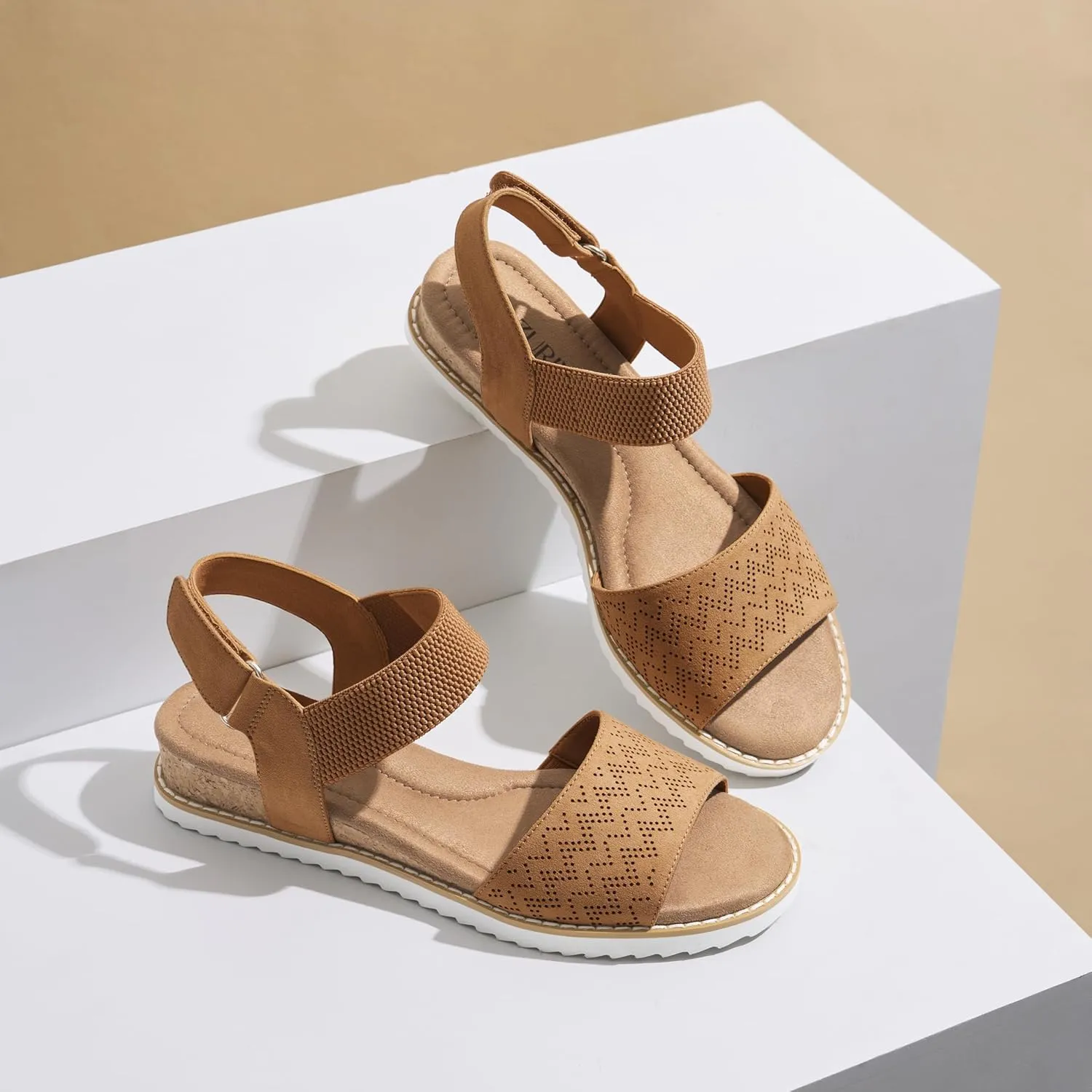 ZURIN Womens Comfortable Walking Sandals Open Toe Elastic Ankle Strap Short Flat Wedge Sandals for Women Dressy Summer