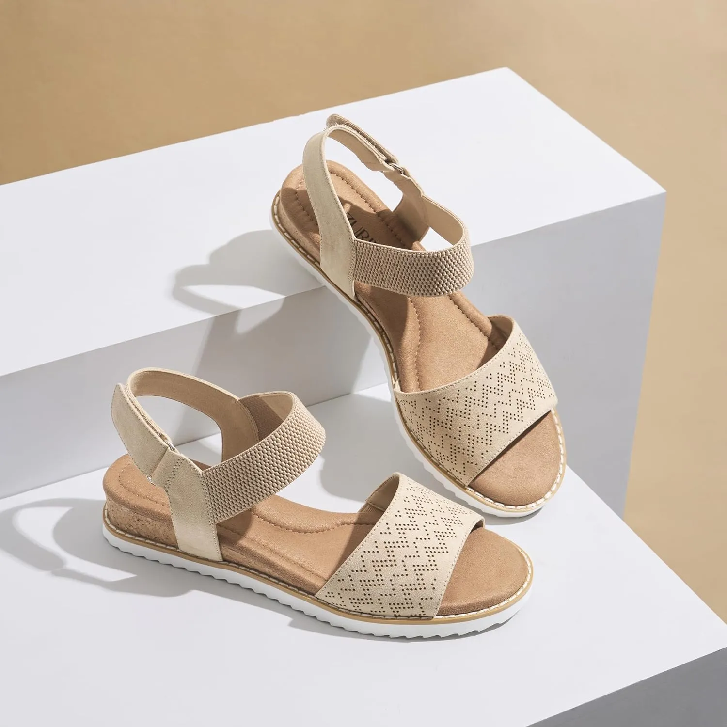 ZURIN Womens Comfortable Walking Sandals Open Toe Elastic Ankle Strap Short Flat Wedge Sandals for Women Dressy Summer